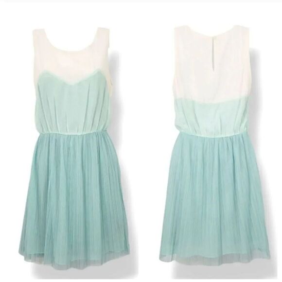 Lush Micro Pleated Tulle Mini Dress in Mint Green/Ivory Size Small - Picture 1 of 8